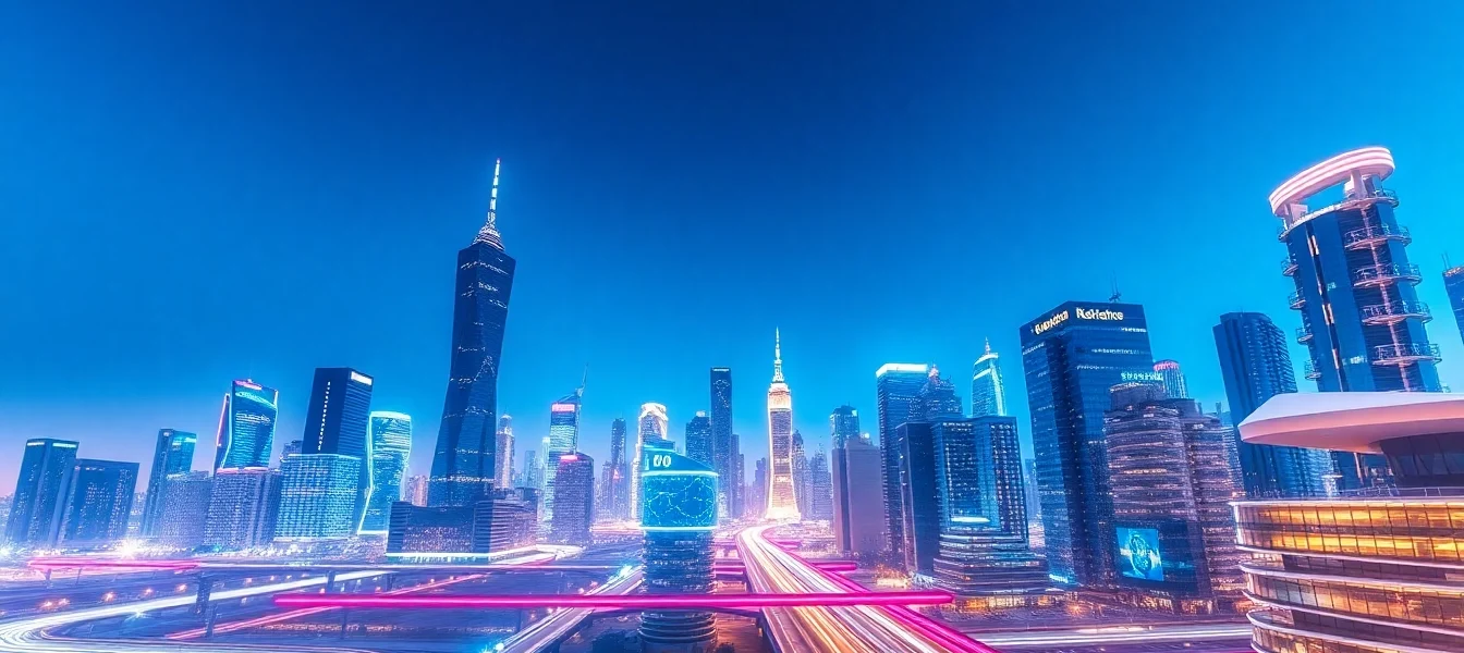 Showcase technology with a futuristic skyline featuring bright neon lights and innovative architecture.