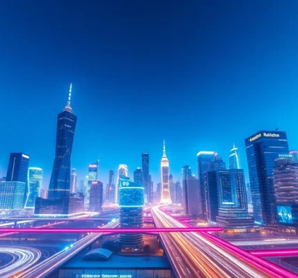 Showcase technology with a futuristic skyline featuring bright neon lights and innovative architecture.
