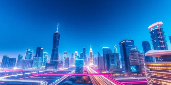 Showcase technology with a futuristic skyline featuring bright neon lights and innovative architecture.