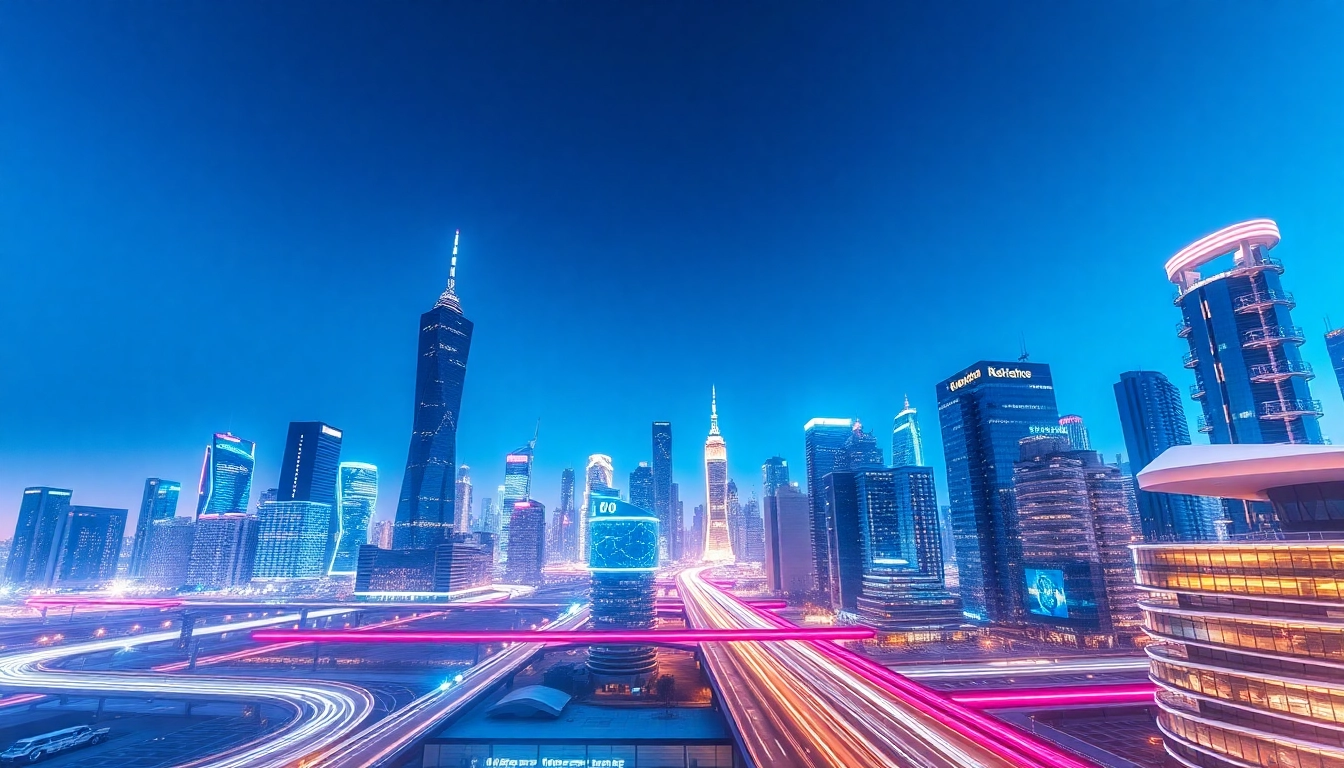 Showcase technology with a futuristic skyline featuring bright neon lights and innovative architecture.
