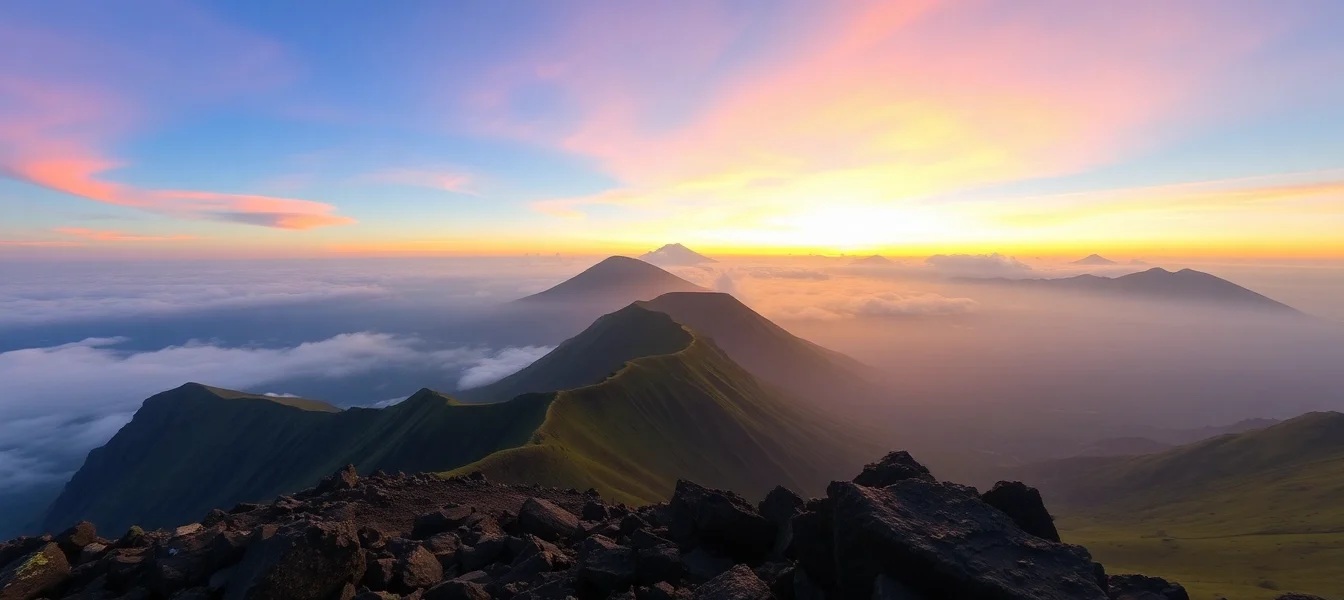 Majestic Mount Rinjani volcano with lush slopes and sunrise, showcasing Indonesia’s natural beauty.