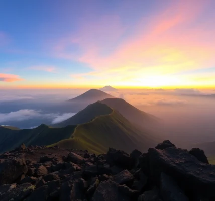 Majestic Mount Rinjani volcano with lush slopes and sunrise, showcasing Indonesia’s natural beauty.