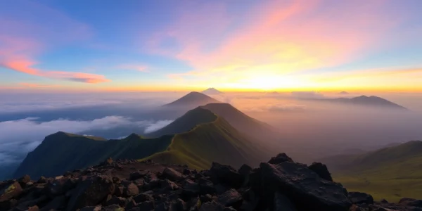 Majestic Mount Rinjani volcano with lush slopes and sunrise, showcasing Indonesia’s natural beauty.