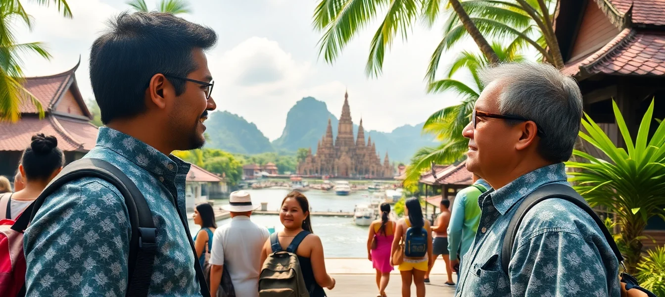 Guide leading tourists through scenic Bali landscape, offering local insights and assistance with vibrant surroundings.