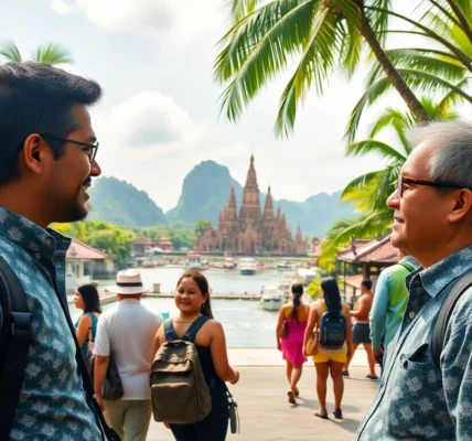 Guide leading tourists through scenic Bali landscape, offering local insights and assistance with vibrant surroundings.