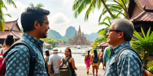 Guide leading tourists through scenic Bali landscape, offering local insights and assistance with vibrant surroundings.