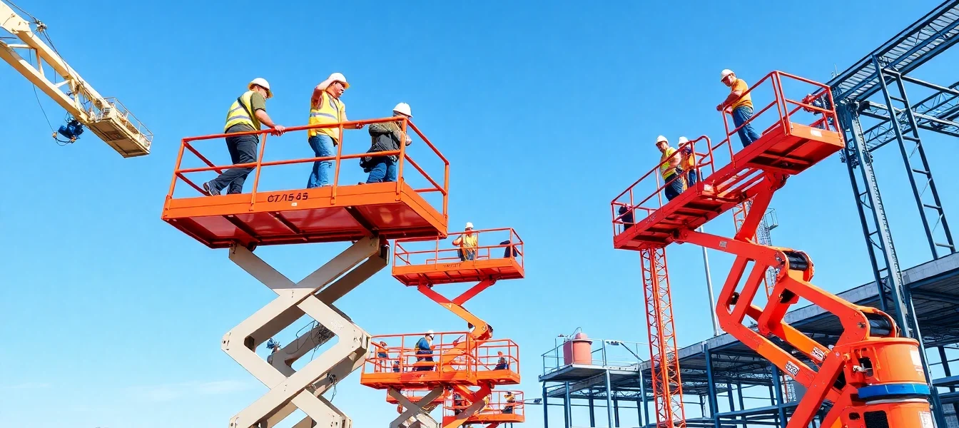 Aerial work platforms rental with workers safely operating at height on modern equipment in a busy construction environment.