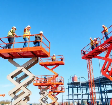 Aerial work platforms rental with workers safely operating at height on modern equipment in a busy construction environment.