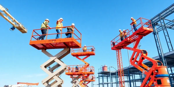 Aerial work platforms rental with workers safely operating at height on modern equipment in a busy construction environment.