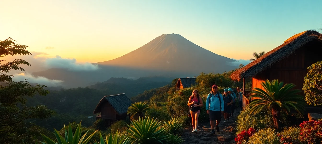 Hikers trekking near Mount Rinjani at sunrise with lush greenery and mountain views