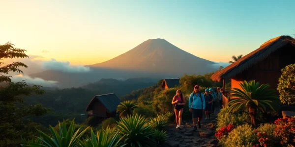 Hikers trekking near Mount Rinjani at sunrise with lush greenery and mountain views