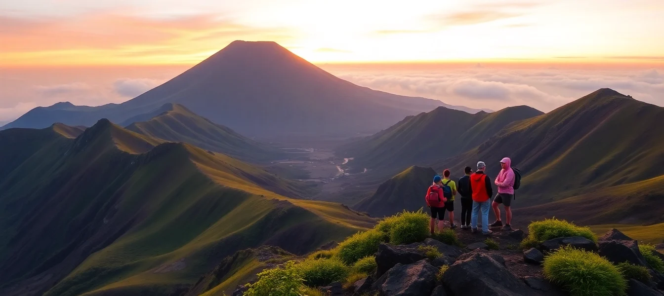 Hikers overlooking Mount Rinjani at sunrise with vibrant sky and lush landscape