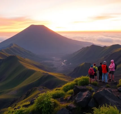 Hikers overlooking Mount Rinjani at sunrise with vibrant sky and lush landscape