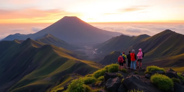 Hikers overlooking Mount Rinjani at sunrise with vibrant sky and lush landscape
