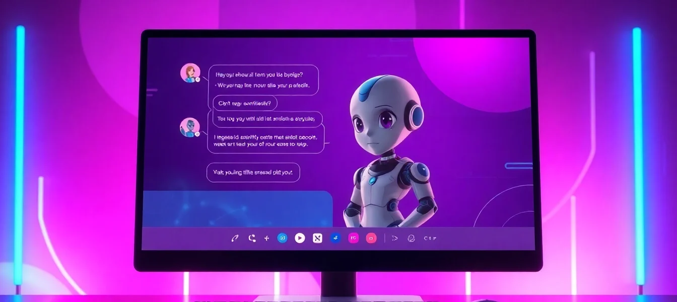 Futuristic AI chat interface with a playful, expressive character on a neon-lit digital screen