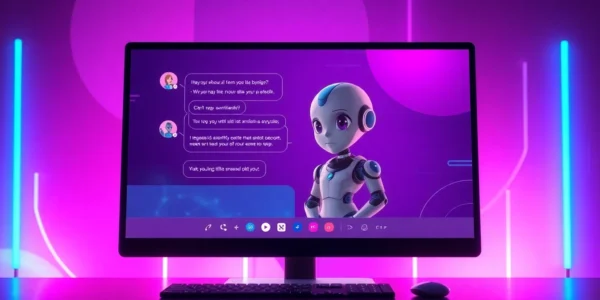 Futuristic AI chat interface with a playful, expressive character on a neon-lit digital screen