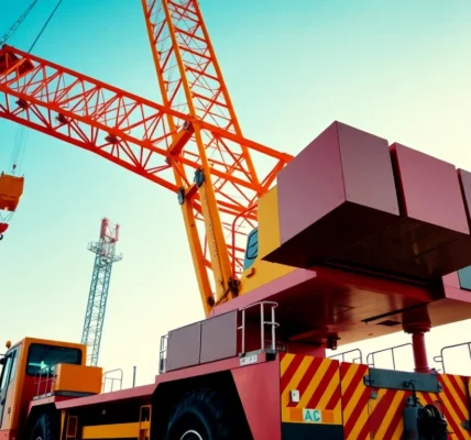 Efficient crane rental service on a busy construction site with modern mobile cranes in action for large-scale projects.