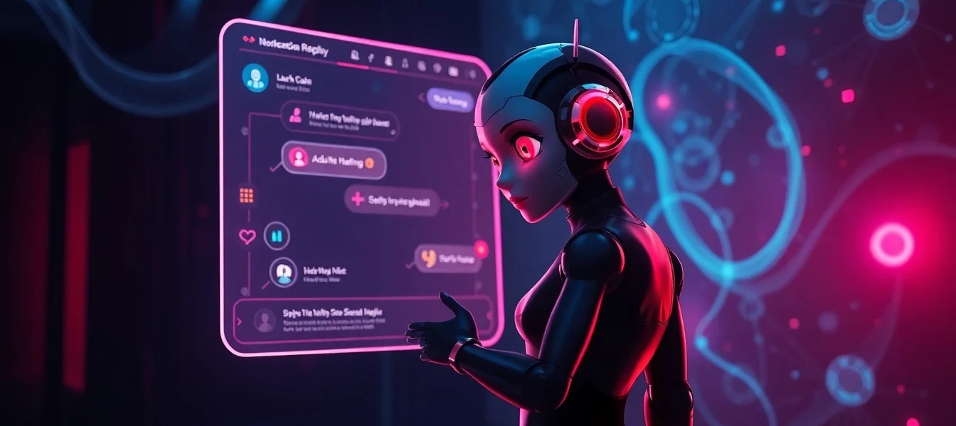 Futuristic AI chat interface with an expressive character and dynamic visual elements in a dark, intimate setting.