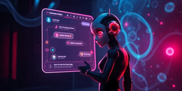 Futuristic AI chat interface with an expressive character and dynamic visual elements in a dark, intimate setting.