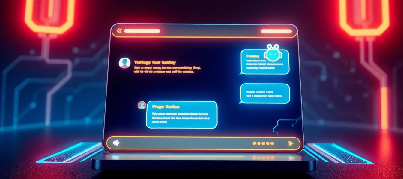An illustration of a futuristic chat interface with neon accents and a digital AI character avatar in a dark, high-tech environment.