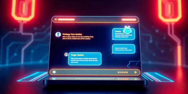 An illustration of a futuristic chat interface with neon accents and a digital AI character avatar in a dark, high-tech environment.