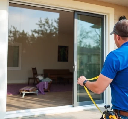 Technician demonstrates replace a sliding glass door with a new frame and sill during installation.