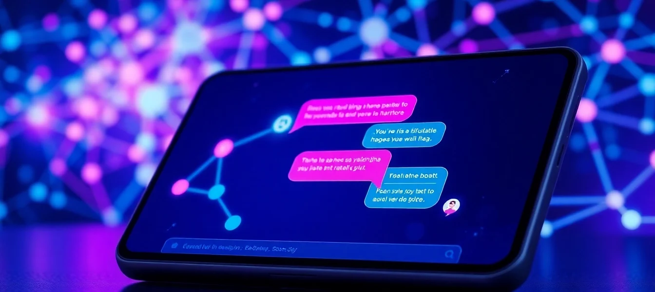 Illustration of a futuristic AI chatbot interface on a sleek device screen with glowing network background and animated chat bubbles.
