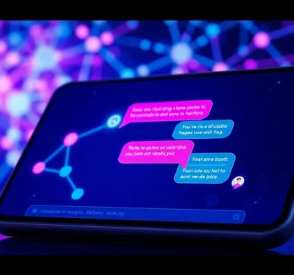 Illustration of a futuristic AI chatbot interface on a sleek device screen with glowing network background and animated chat bubbles.