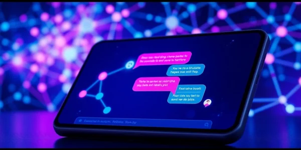 Illustration of a futuristic AI chatbot interface on a sleek device screen with glowing network background and animated chat bubbles.