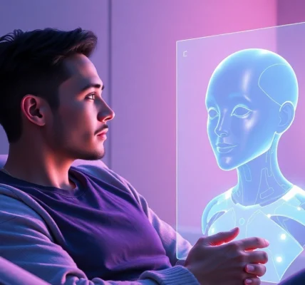 A person interacting with a holographic AI character in a cozy, modern room with glowing digital projection.