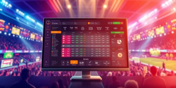 Digital illustration of an online sportsbook and casino platform interface with betting odds and sports icons