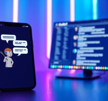 Digital illustration of AI chatbot interfaces on devices with vibrant neon colors and futuristic design elements.