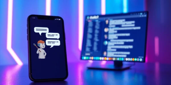 Digital illustration of AI chatbot interfaces on devices with vibrant neon colors and futuristic design elements.