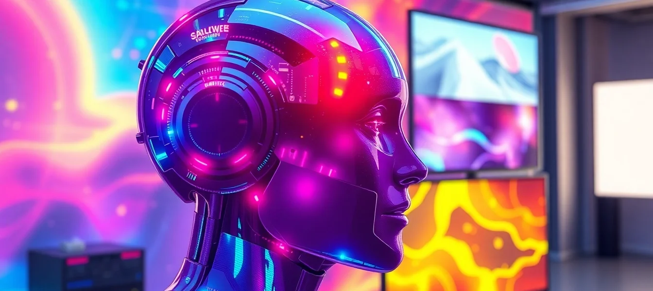 Using an ai image generator no restrictions, create a dynamic scene of vibrant AI art flowing from an advanced console for creative projects.