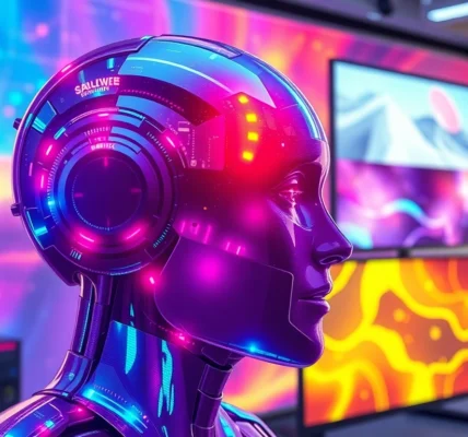 Using an ai image generator no restrictions, create a dynamic scene of vibrant AI art flowing from an advanced console for creative projects.
