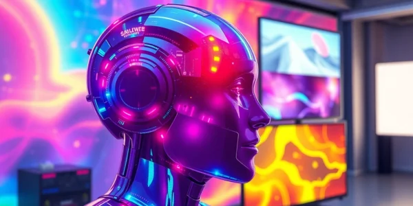 Using an ai image generator no restrictions, create a dynamic scene of vibrant AI art flowing from an advanced console for creative projects.