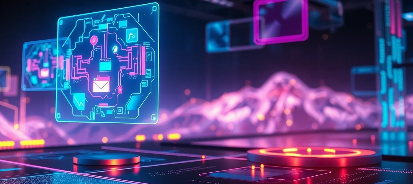 Futuristic digital environment with holographic displays and neon lighting.