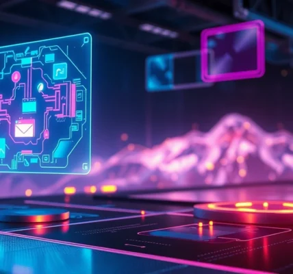 Futuristic digital environment with holographic displays and neon lighting.