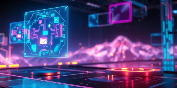 Futuristic digital environment with holographic displays and neon lighting.
