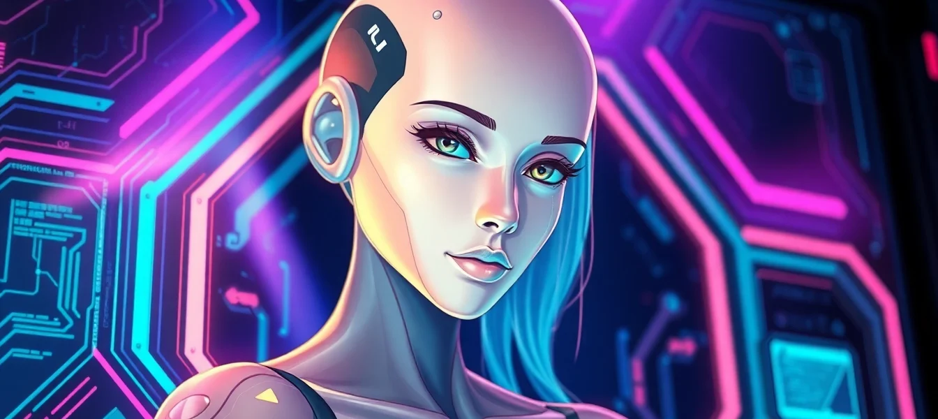 Digital illustration of a seductive AI character on a neon-lit screen with a dark, tech-inspired background.