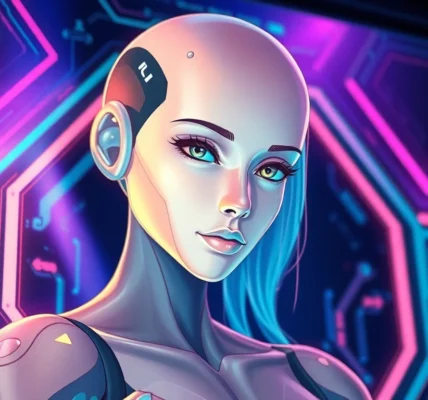 Digital illustration of a seductive AI character on a neon-lit screen with a dark, tech-inspired background.
