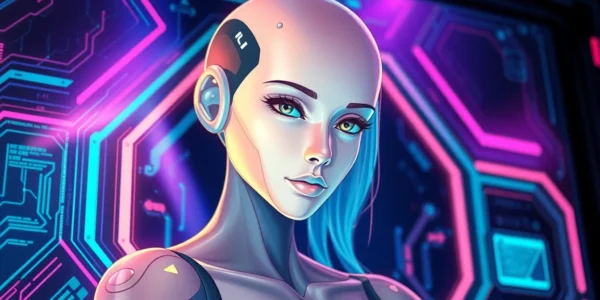 Digital illustration of a seductive AI character on a neon-lit screen with a dark, tech-inspired background.