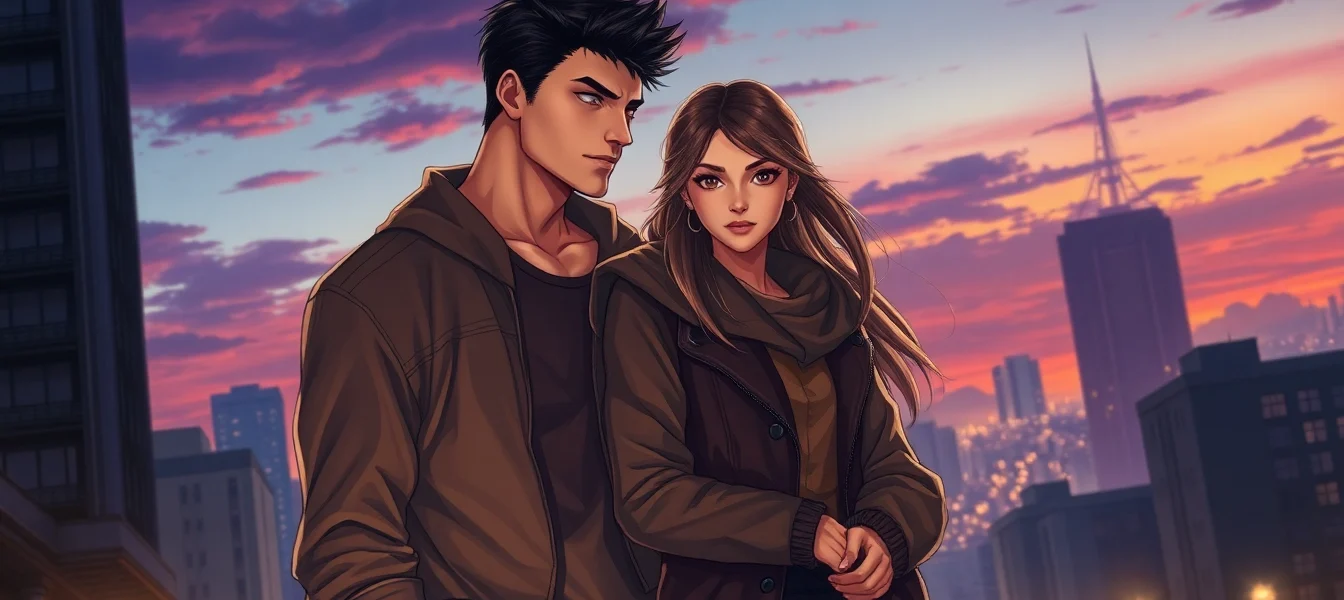 Illustration of an alpha and omega character in an urban setting at dusk, showcasing emotional connection and modern fantasy elements.