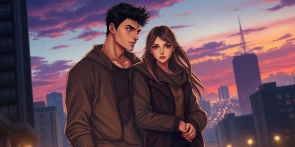 Illustration of an alpha and omega character in an urban setting at dusk, showcasing emotional connection and modern fantasy elements.