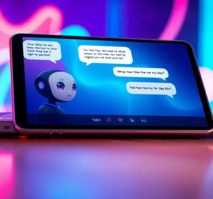 Futuristic chat interface on a smartphone featuring an animated AI character with a neon-lit background.