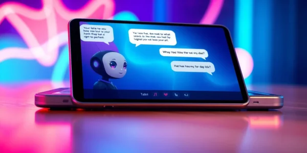 Futuristic chat interface on a smartphone featuring an animated AI character with a neon-lit background.