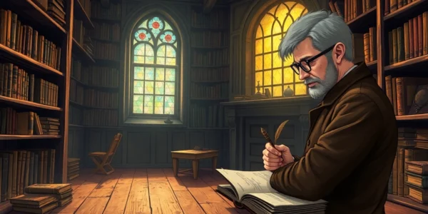 An old library scene with a scholar examining ancient books under warm light, symbolizing the historical roots of smut.