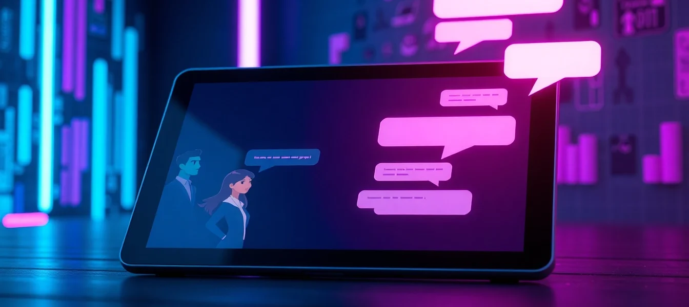 Futuristic AI chatbot interface on a sleek tablet with animated avatars and neon-lit digital background