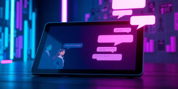 Futuristic AI chatbot interface on a sleek tablet with animated avatars and neon-lit digital background