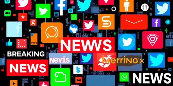 Screenshot showing social network news updates on digital devices with vibrant icons and